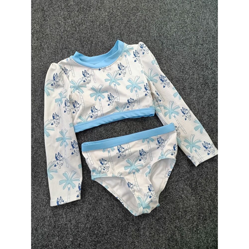 Bluey Toddler Girls 2pc Long Sleeve Rash Guard Swimsuit Palm Print White Blue 4T
